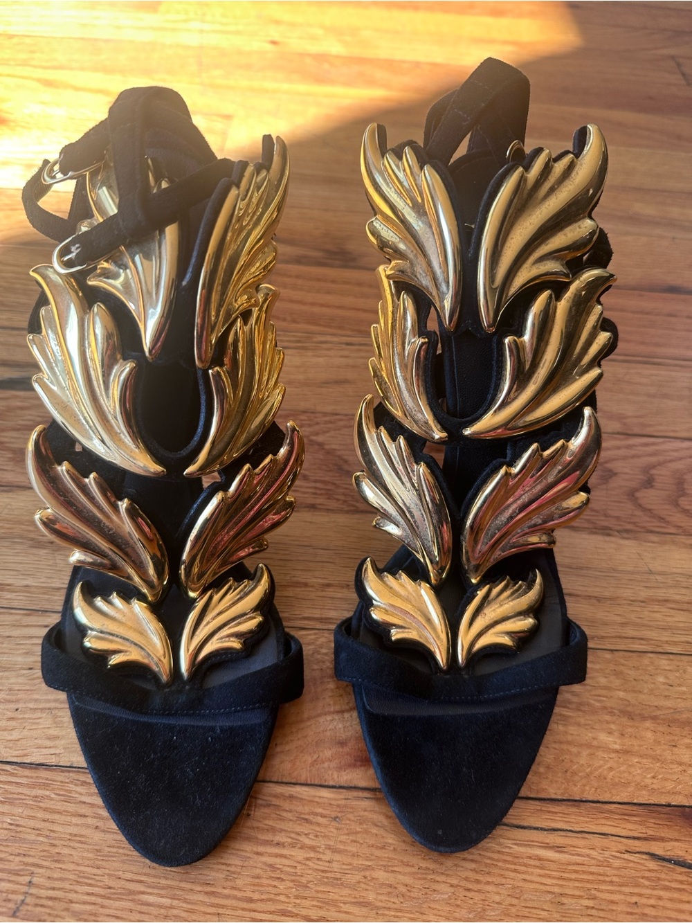 Giuseppe Zanotti Black Suede Heels with Gold Leaf Motif